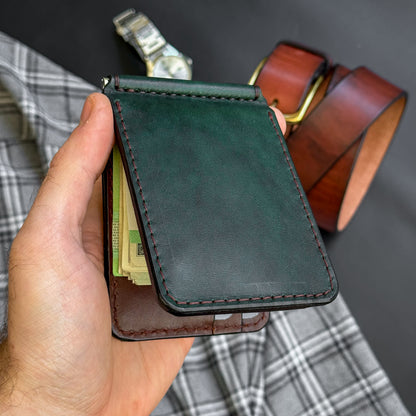 Minimalist Green and Brown Leather Money Clip Wallet