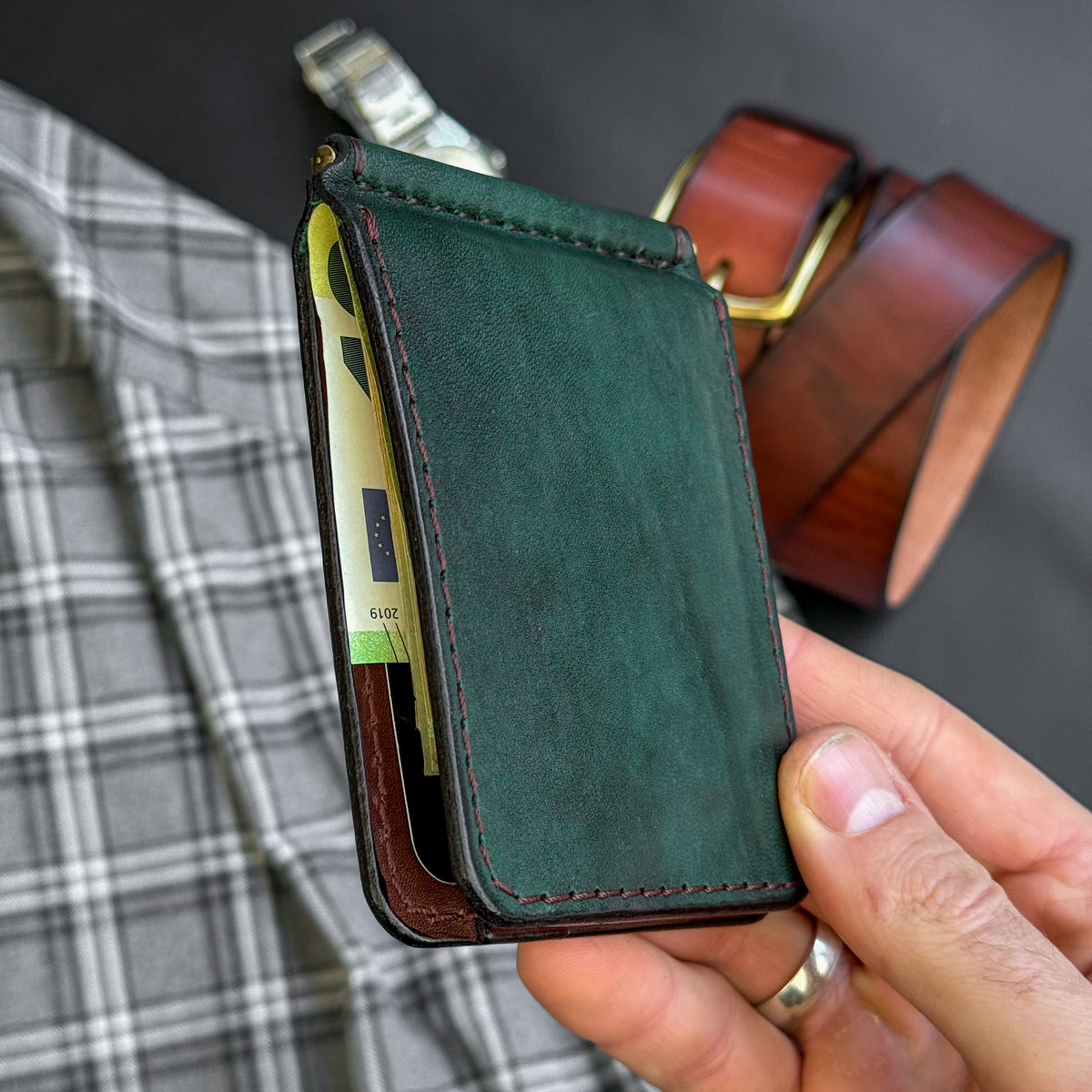 Minimalist Green and Brown Leather Money Clip Wallet