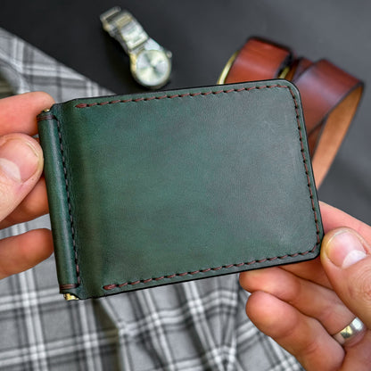 Minimalist Green and Brown Leather Money Clip Wallet