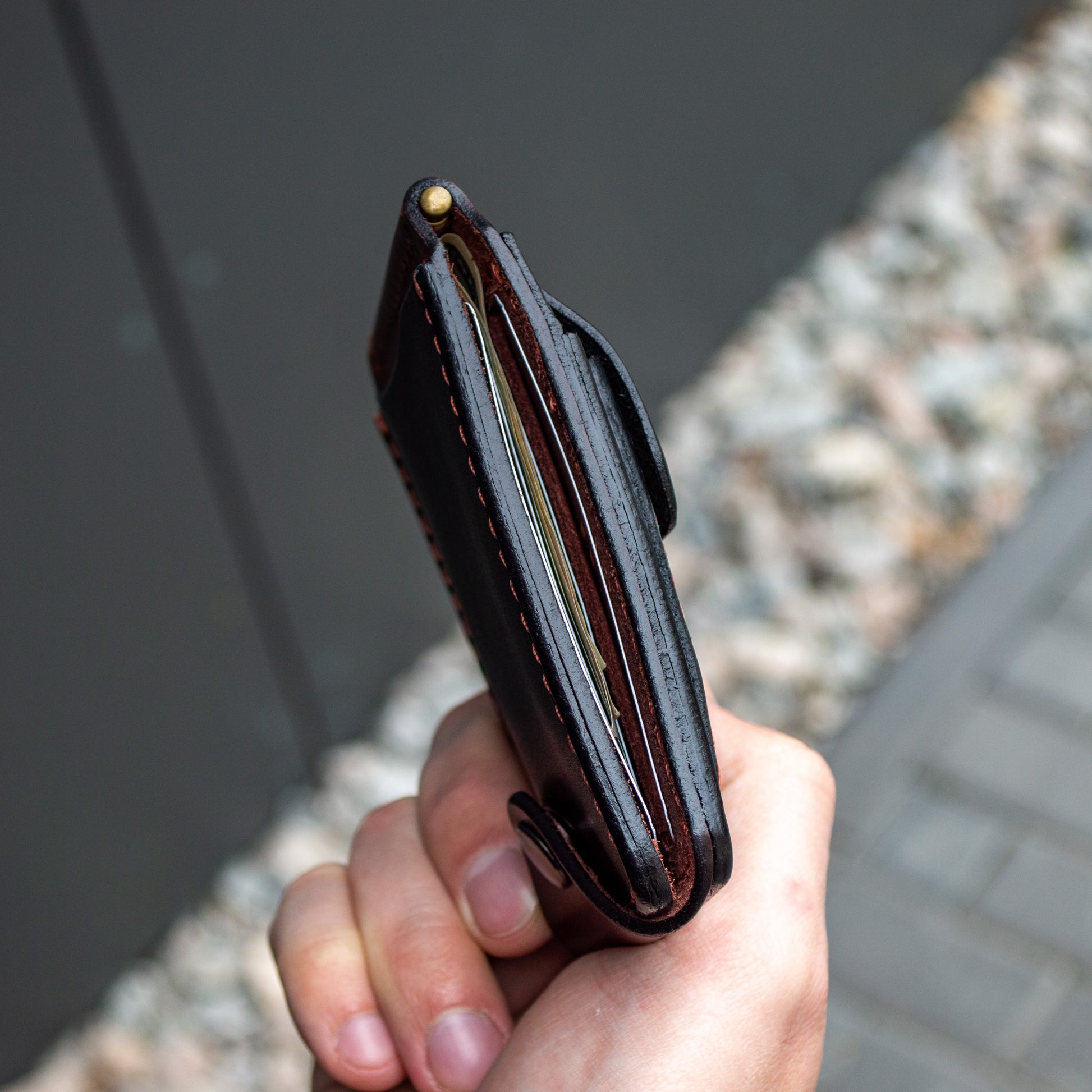 Mens leather wallet black and brown money clip