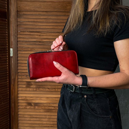 Leather zip around wallet, Red Leather Clutch, handmade women's wallet