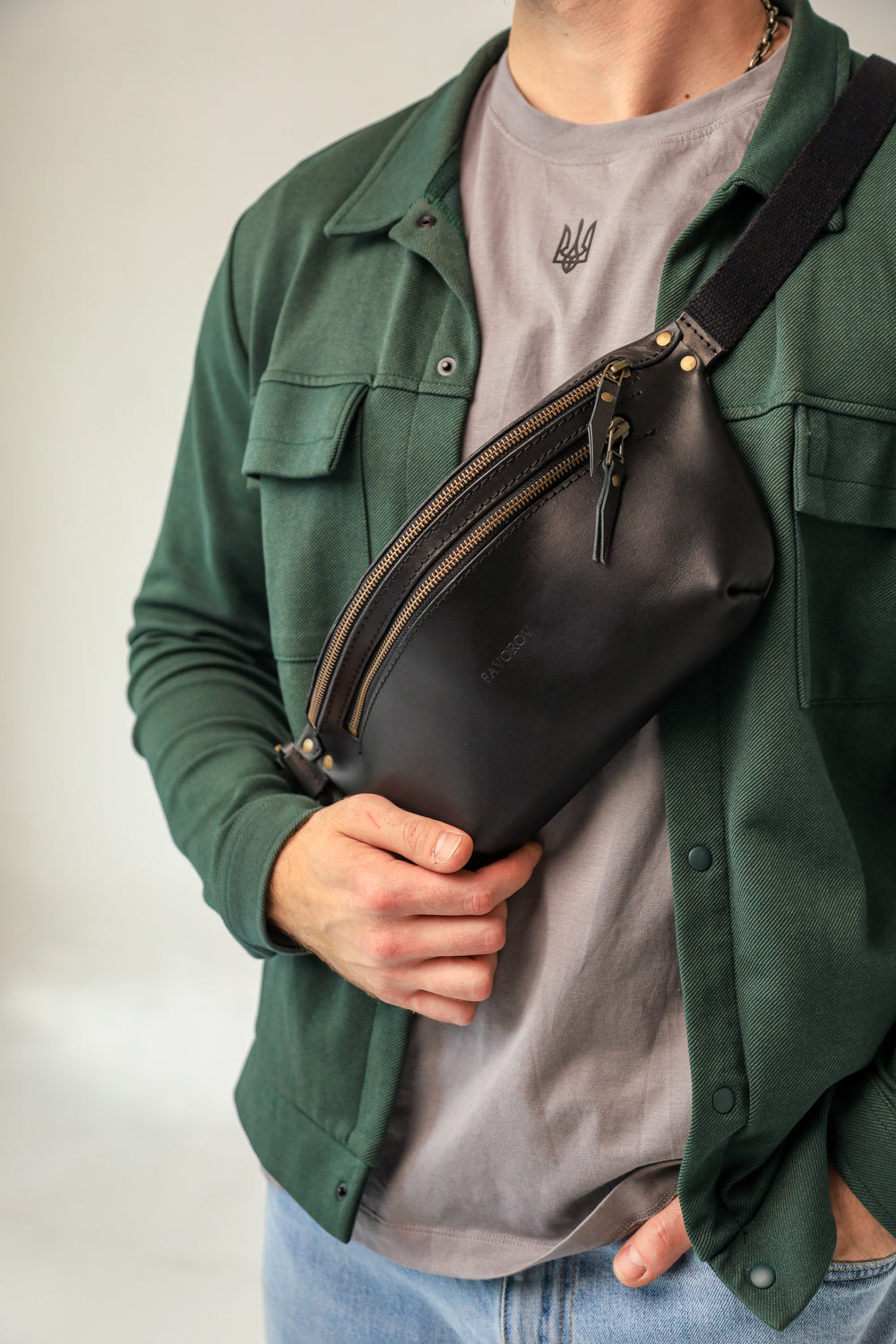 Personalized men shoulder bag, Black leather belt bag, men’s leather bag, waist bag