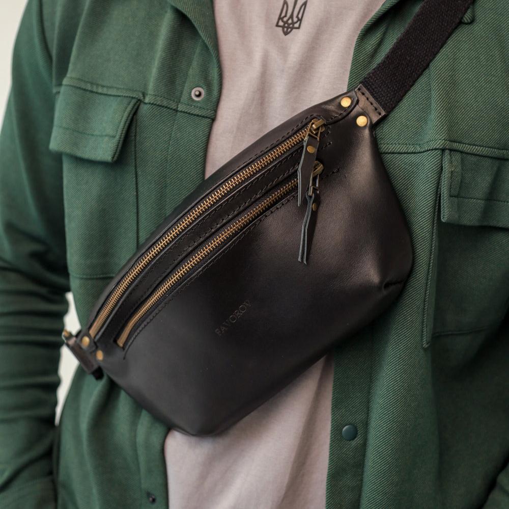 Personalized men shoulder bag, Black leather belt bag, men’s leather bag, waist bag