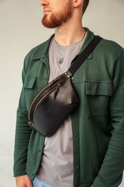 Personalized men shoulder bag, Black leather belt bag, men’s leather bag, waist bag