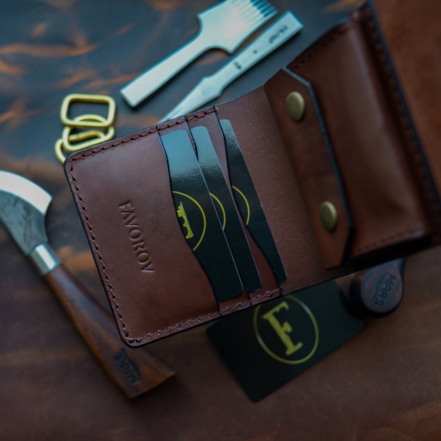 Handmade Cognac Brown Full Grain Leather Wallet – Compact Bifold with Coin Pocket