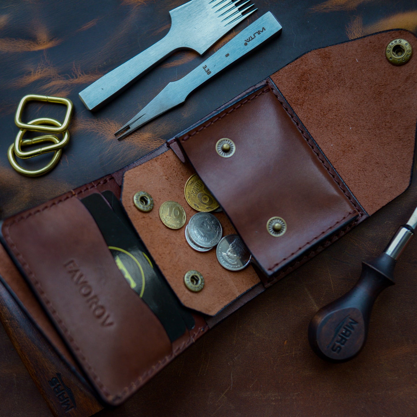 Handmade Cognac Brown Full Grain Leather Wallet – Compact Bifold with Coin Pocket
