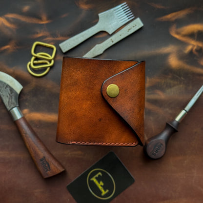 Handmade Orange Brown Full Grain Leather Wallet – Compact Bifold with Coin Pocket