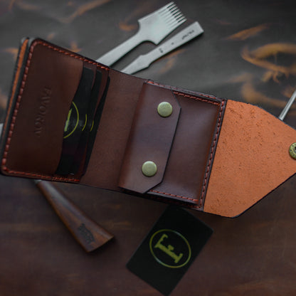 Handmade Orange Brown Full Grain Leather Wallet – Compact Bifold with Coin Pocket
