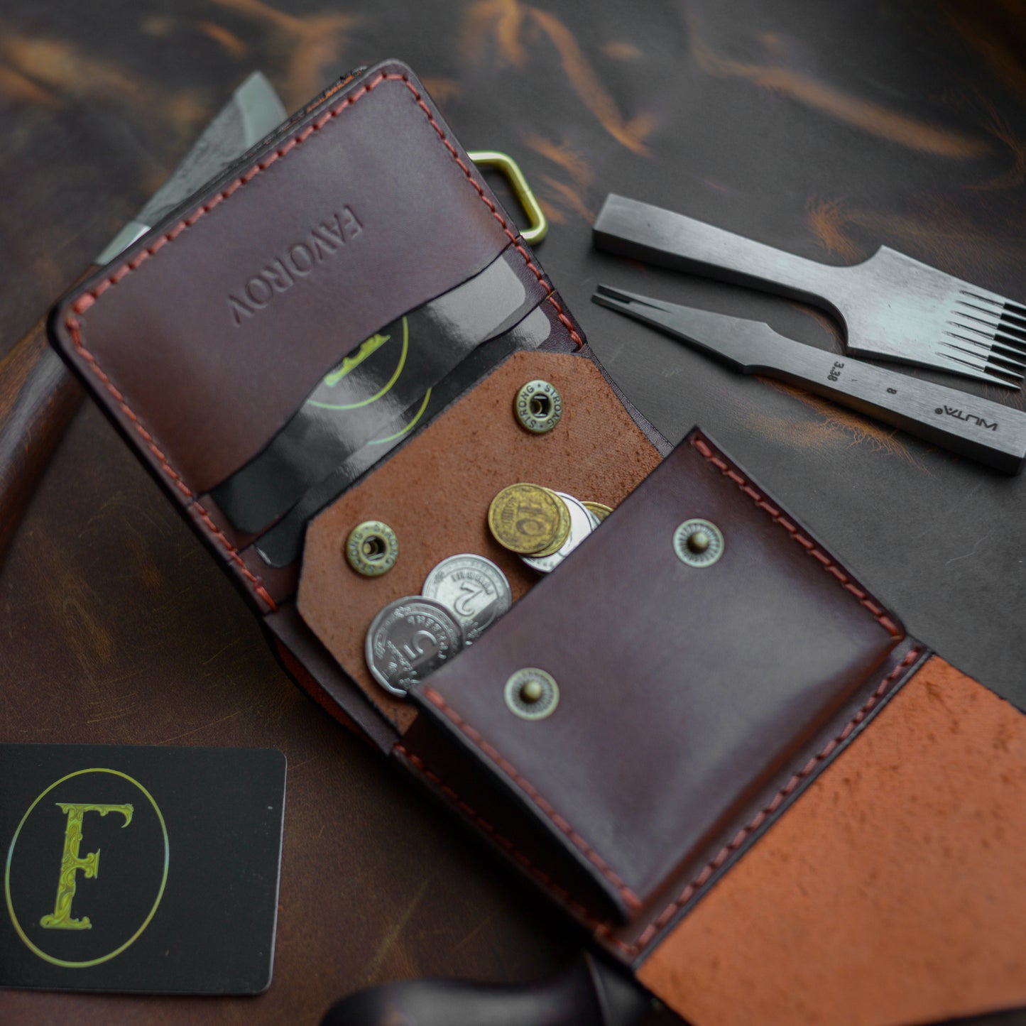 Handmade Orange Brown Full Grain Leather Wallet – Compact Bifold with Coin Pocket