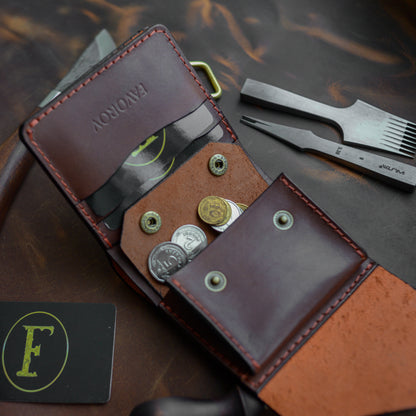 Handmade Orange Brown Full Grain Leather Wallet – Compact Bifold with Coin Pocket