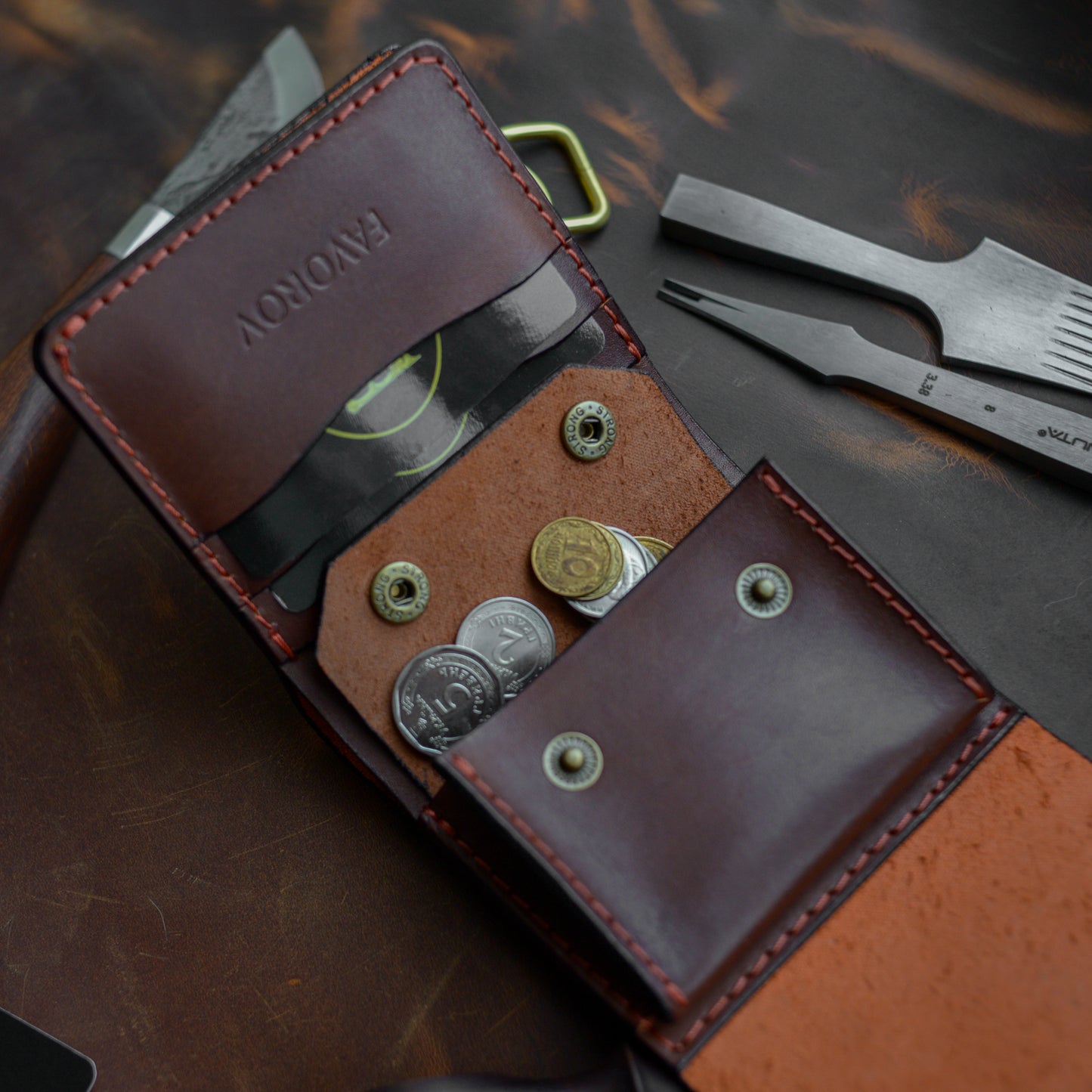 Handmade Orange Brown Full Grain Leather Wallet – Compact Bifold with Coin Pocket