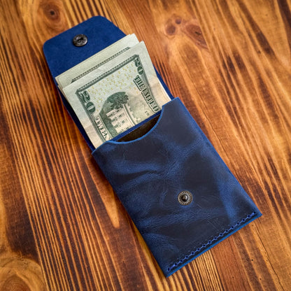 Navy Blue Leather Cash Wallet, Slim Card & Cash Holder, Handmade Minimalist Wallet, Front Pocket, Flap Wallet