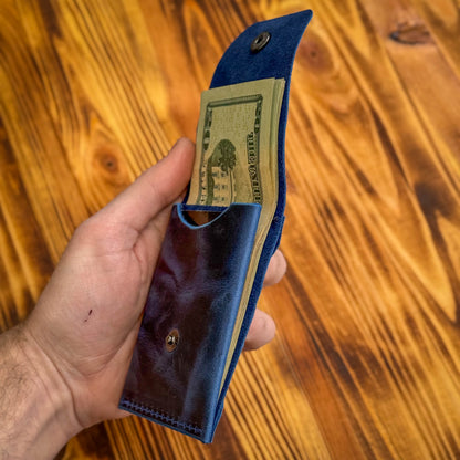 Navy Blue Leather Cash Wallet, Slim Card & Cash Holder, Handmade Minimalist Wallet, Front Pocket, Flap Wallet