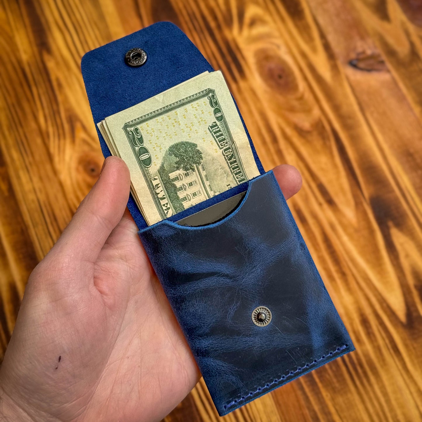 Navy Blue Leather Cash Wallet, Slim Card & Cash Holder, Handmade Minimalist Wallet, Front Pocket, Flap Wallet