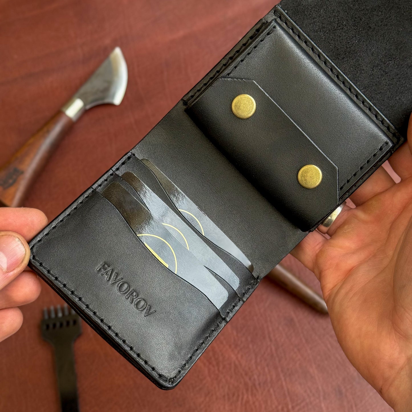 Handmade Black Full Grain Leather Wallet – Compact Bifold with Coin Pocket