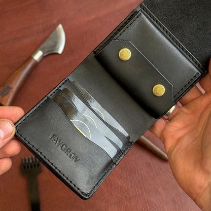 Handmade Black Full Grain Leather Wallet – Compact Bifold with Coin Pocket