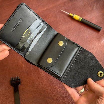 Handmade Black Full Grain Leather Wallet – Compact Bifold with Coin Pocket