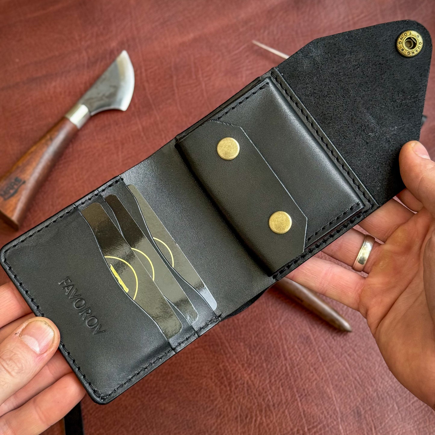 Handmade Black Full Grain Leather Wallet – Compact Bifold with Coin Pocket