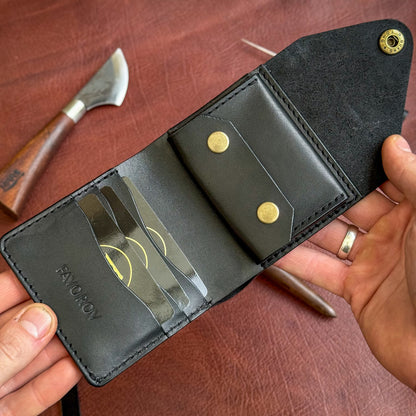 Handmade Black Full Grain Leather Wallet – Compact Bifold with Coin Pocket
