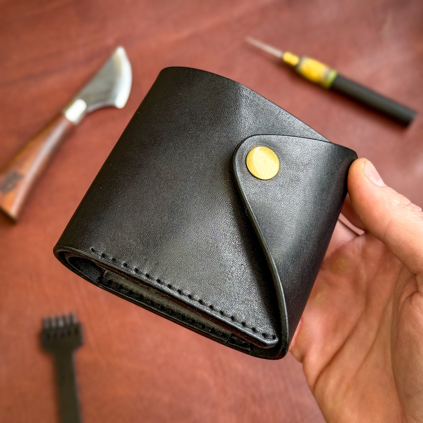 Handmade Black Full Grain Leather Wallet – Compact Bifold with Coin Pocket