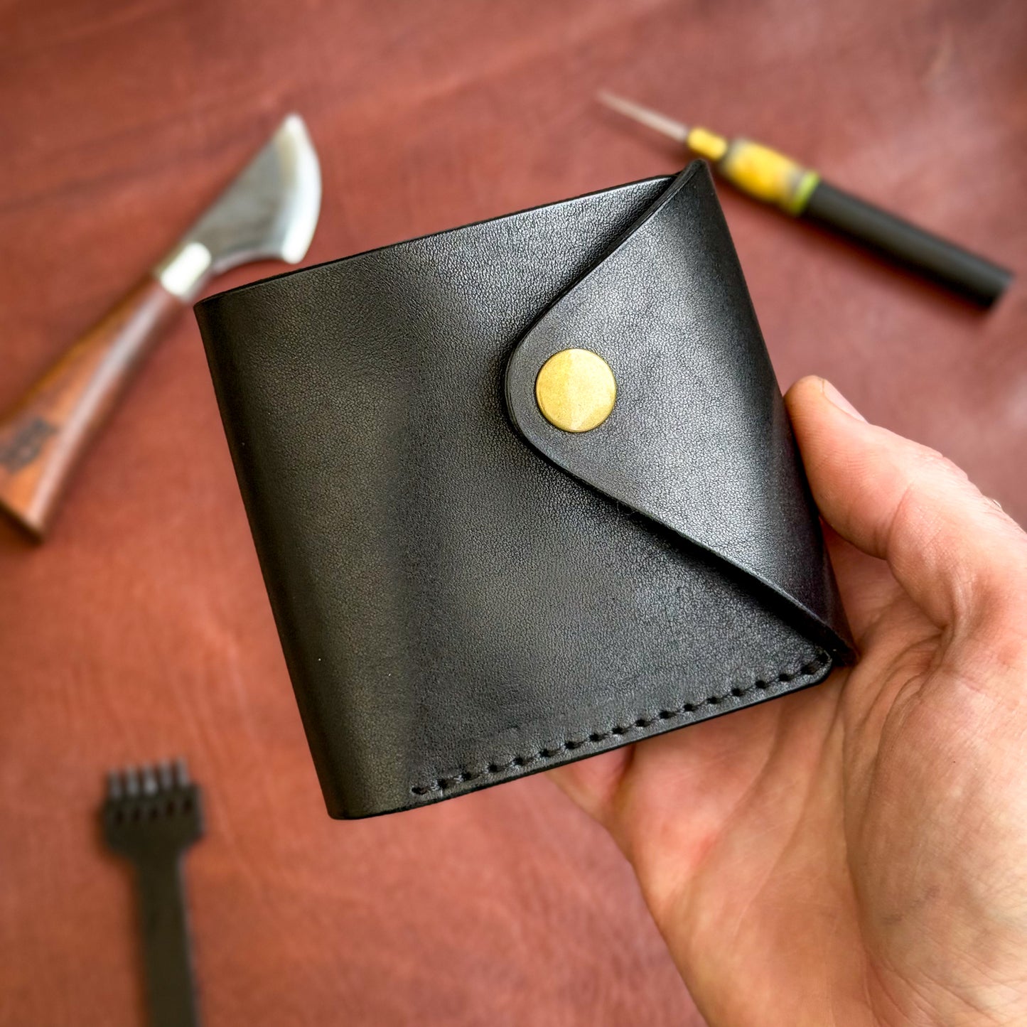 Handmade Black Full Grain Leather Wallet – Compact Bifold with Coin Pocket