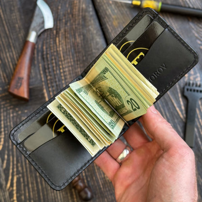 Leather money clip wallet, personalized front pocket mens bifold, slim cash organizer