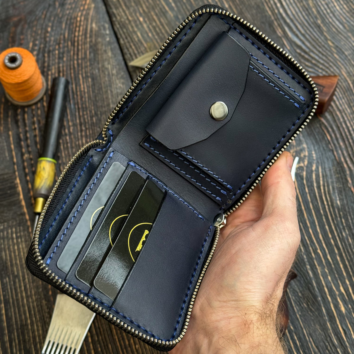 Blue card holder wallet, zip around bifold