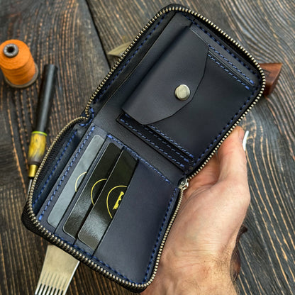 Blue card holder wallet, zip around bifold