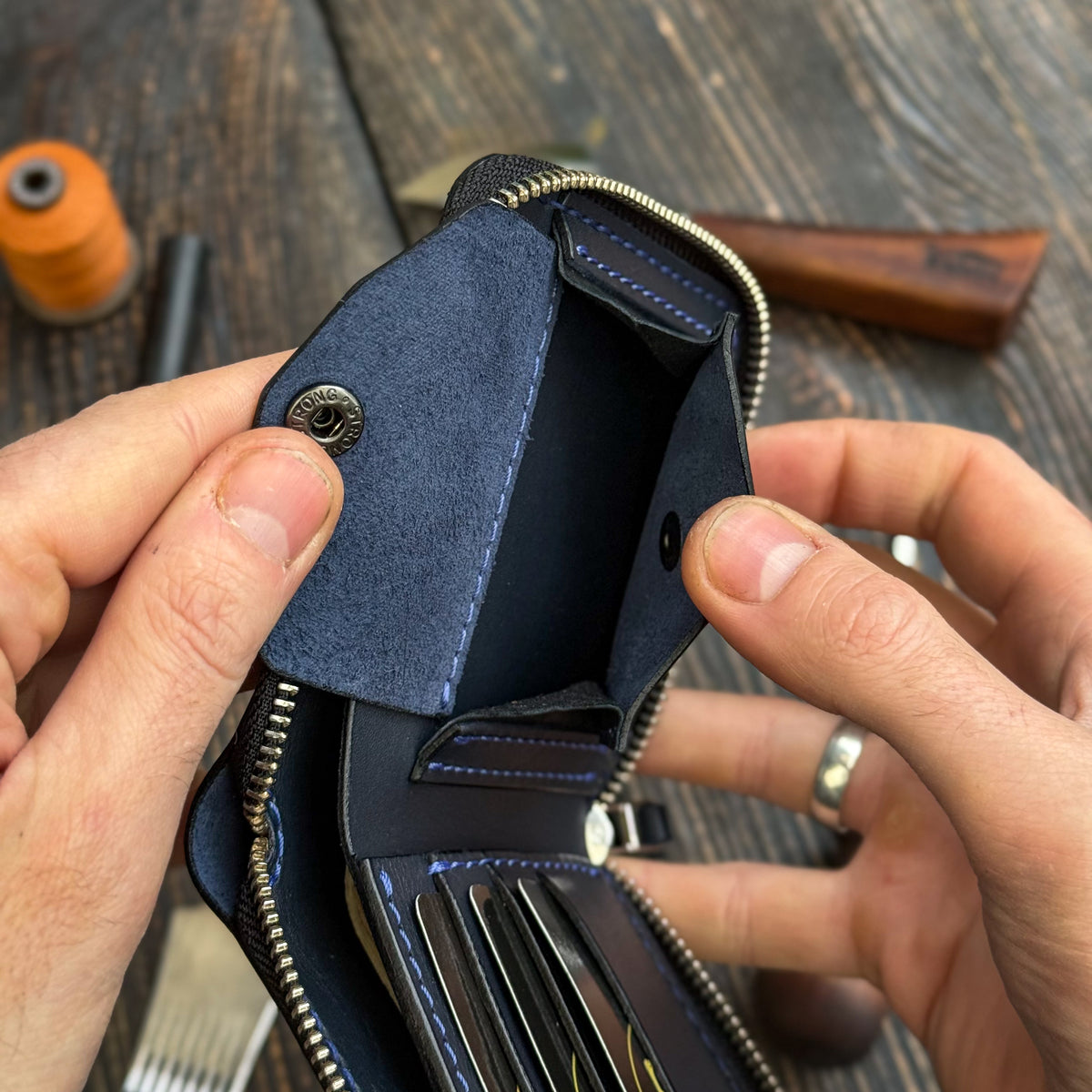 Blue card holder wallet, zip around bifold