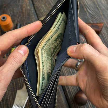 Blue card holder wallet, zip around bifold