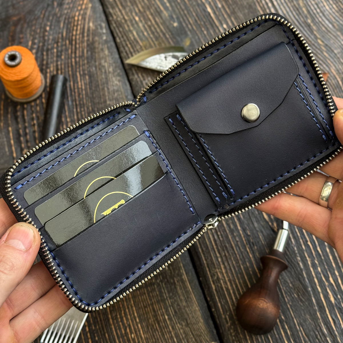 Blue card holder wallet, zip around bifold
