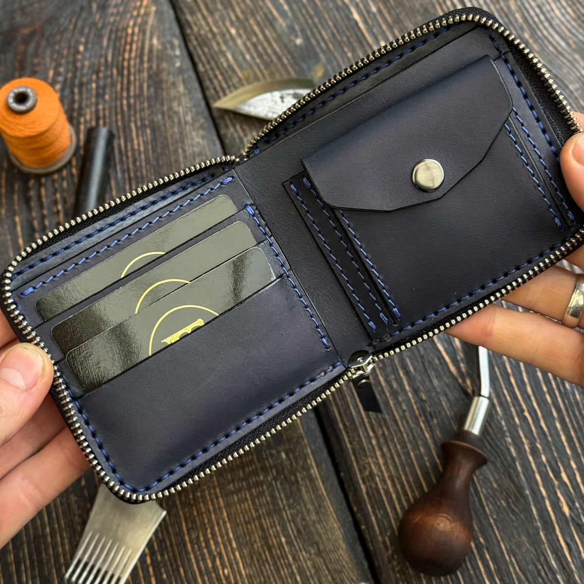 Blue card holder wallet, zip around bifold
