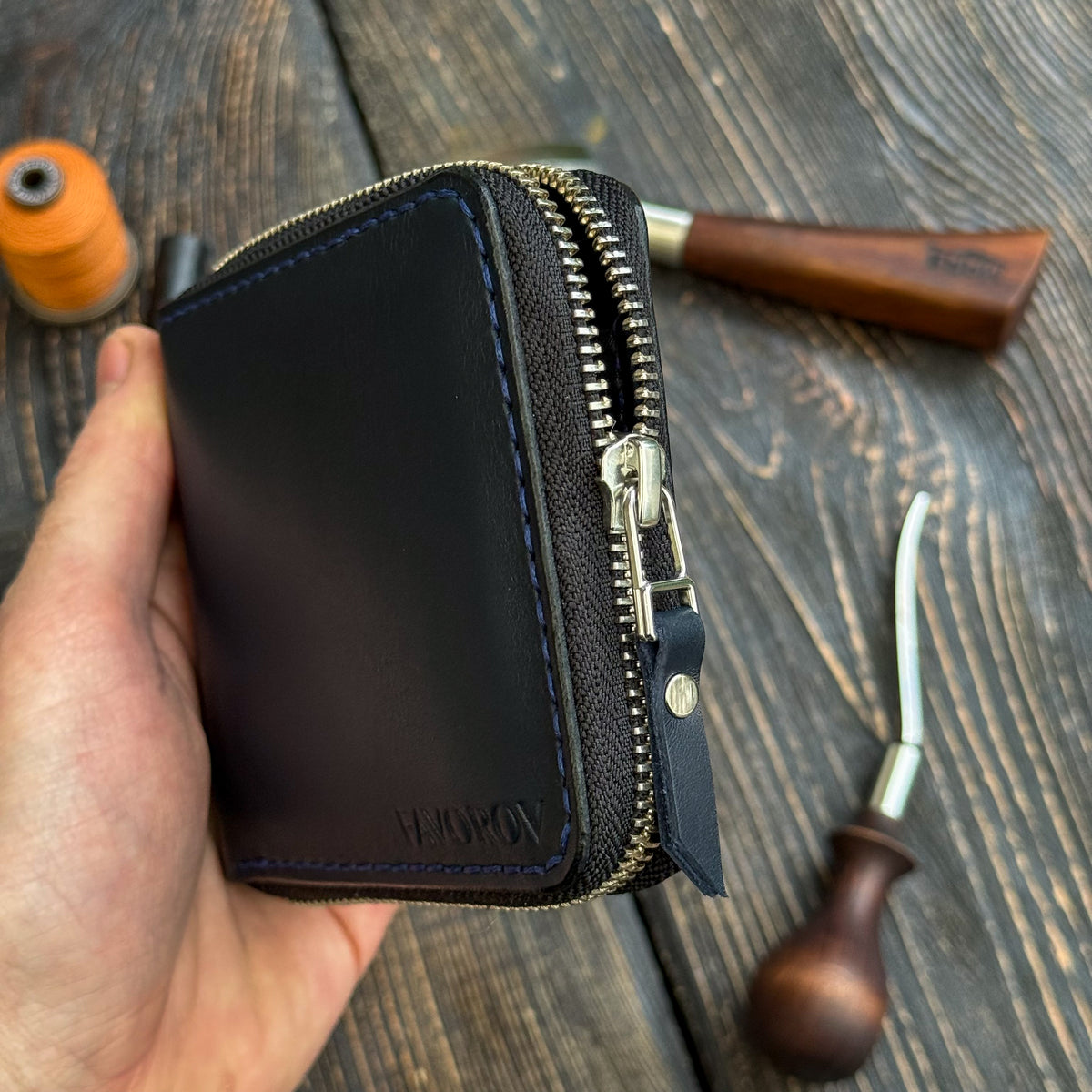 Blue card holder wallet, zip around bifold
