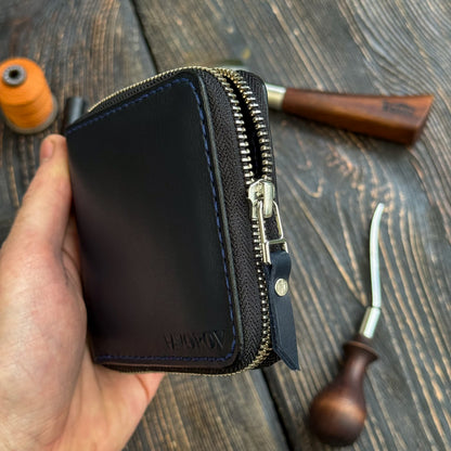 Blue card holder wallet, zip around bifold