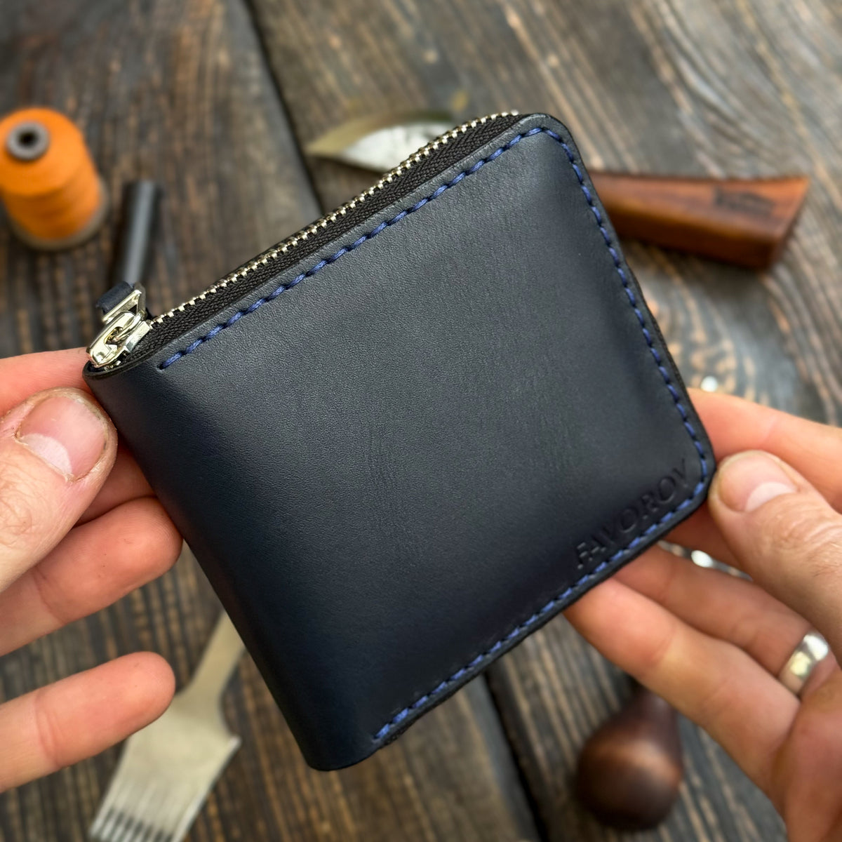 Blue card holder wallet, zip around bifold