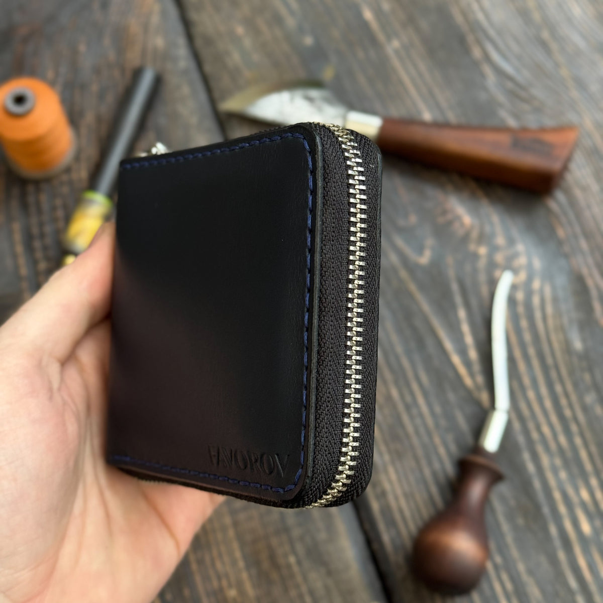 Blue card holder wallet, zip around bifold
