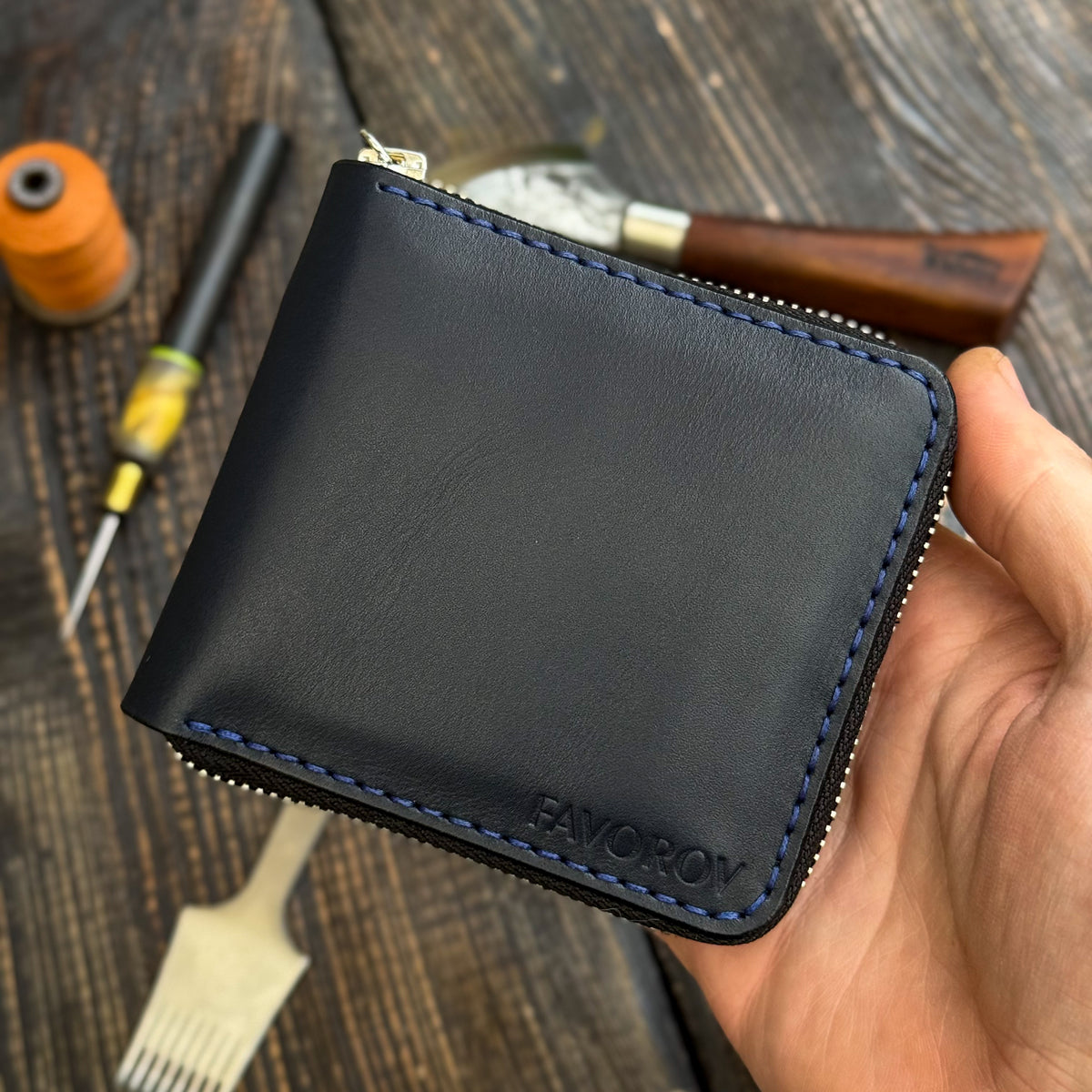 Blue card holder wallet, zip around bifold
