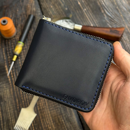Blue card holder wallet, zip around bifold