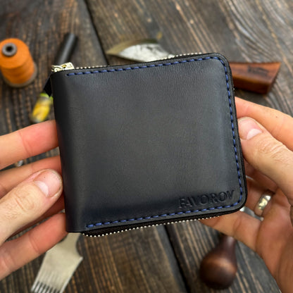 Blue card holder wallet, zip around bifold