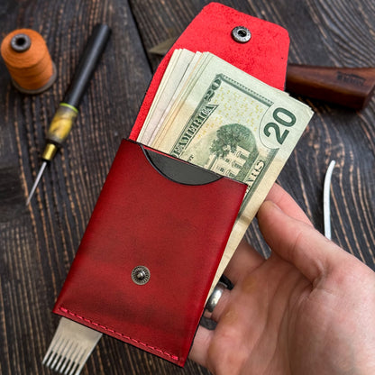 Red Slim Card & Cash Holder, Handmade Minimalist Wallet, Front Pocket Flap Wallet, Personalized Gift For Her