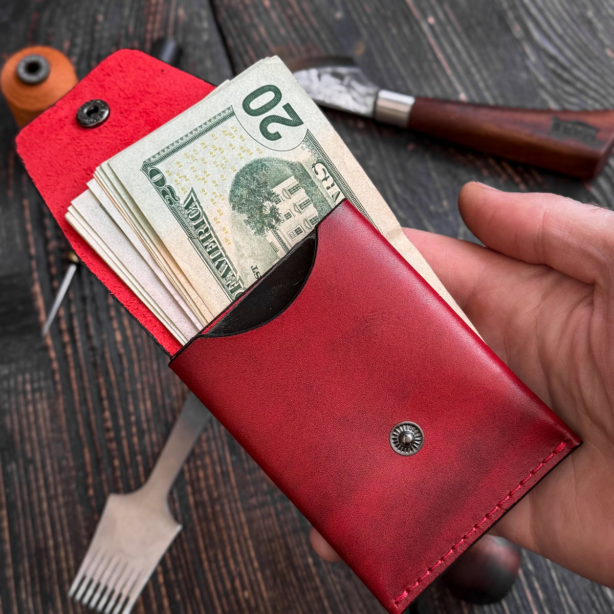 Red Slim Card & Cash Holder, Handmade Minimalist Wallet, Front Pocket Flap Wallet, Personalized Gift For Her