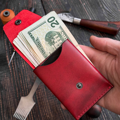 Red Slim Card & Cash Holder, Handmade Minimalist Wallet, Front Pocket Flap Wallet, Personalized Gift For Her