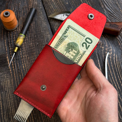 Red Slim Card & Cash Holder, Handmade Minimalist Wallet, Front Pocket Flap Wallet, Personalized Gift For Her