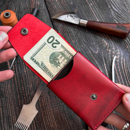 Red Slim Card & Cash Holder, Handmade Minimalist Wallet, Front Pocket Flap Wallet, Personalized Gift For Her