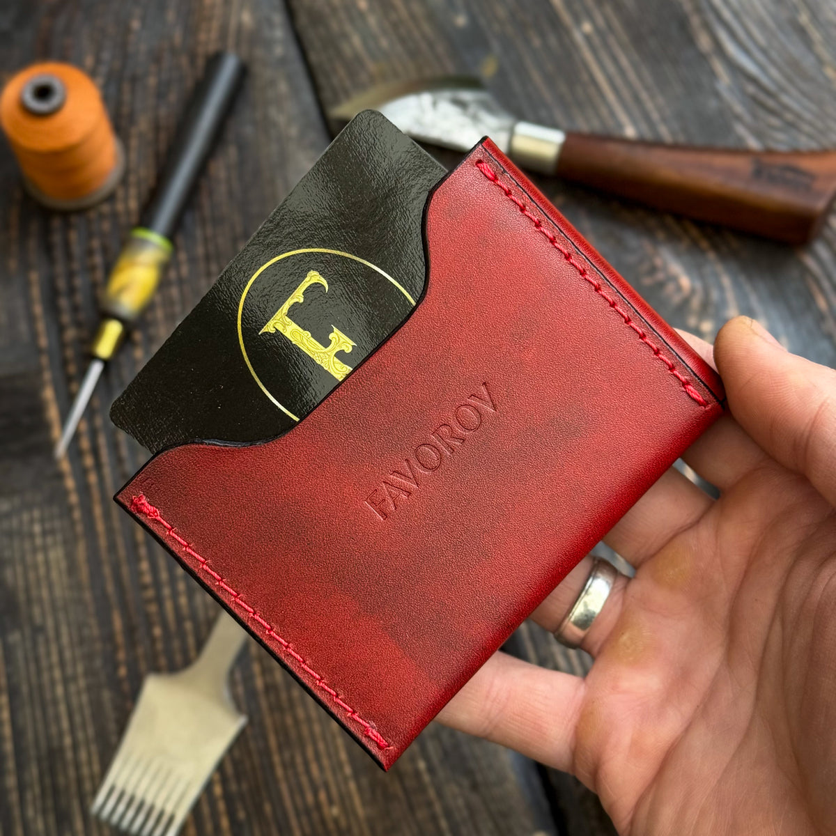 Red Slim Card & Cash Holder, Handmade Minimalist Wallet, Front Pocket Flap Wallet, Personalized Gift For Her