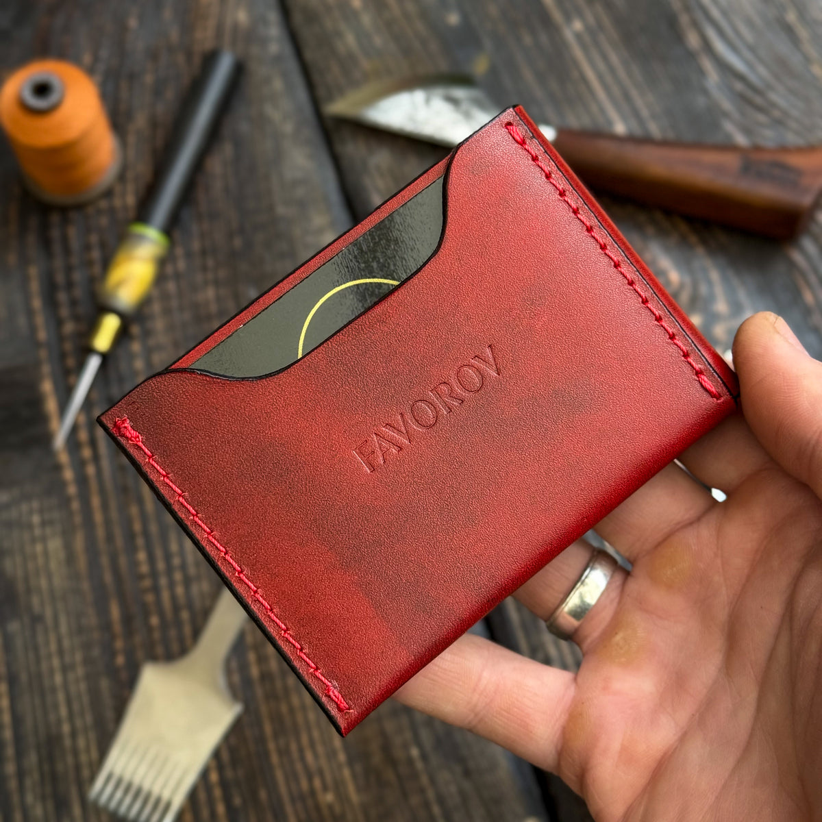 Red Slim Card & Cash Holder, Handmade Minimalist Wallet, Front Pocket Flap Wallet, Personalized Gift For Her