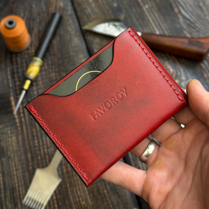 Red Slim Card & Cash Holder, Handmade Minimalist Wallet, Front Pocket Flap Wallet, Personalized Gift For Her