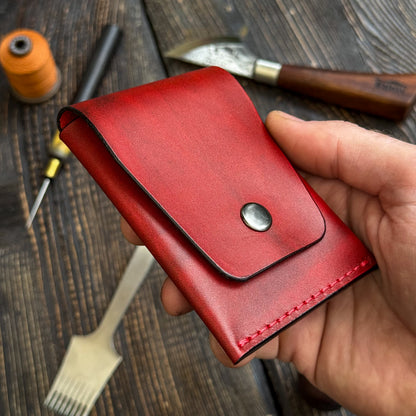Red Slim Card & Cash Holder, Handmade Minimalist Wallet, Front Pocket Flap Wallet, Personalized Gift For Her