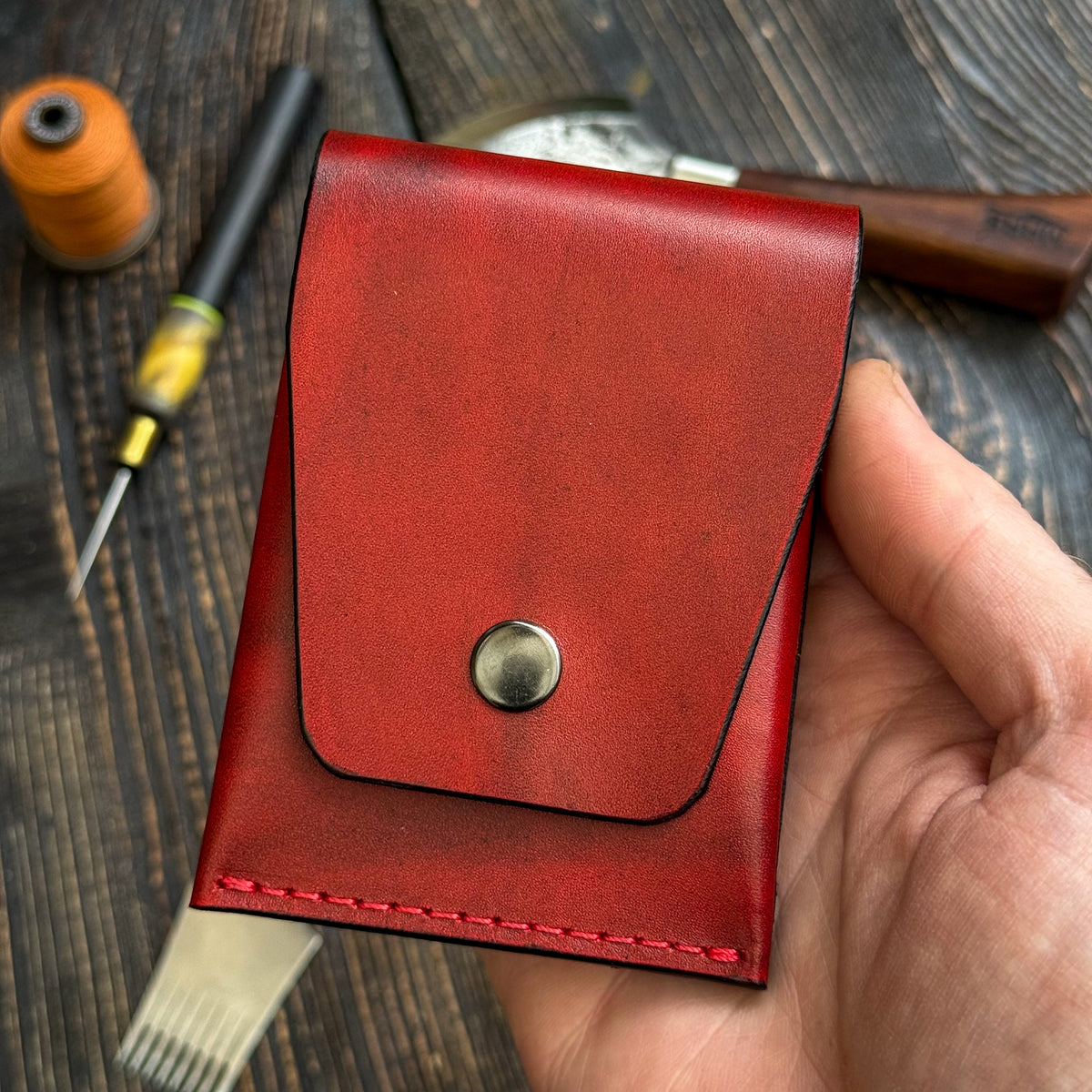 Red Slim Card & Cash Holder, Handmade Minimalist Wallet, Front Pocket Flap Wallet, Personalized Gift For Her