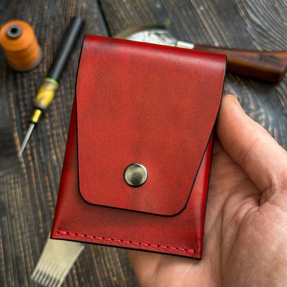 Red Slim Card & Cash Holder, Handmade Minimalist Wallet, Front Pocket Flap Wallet, Personalized Gift For Her